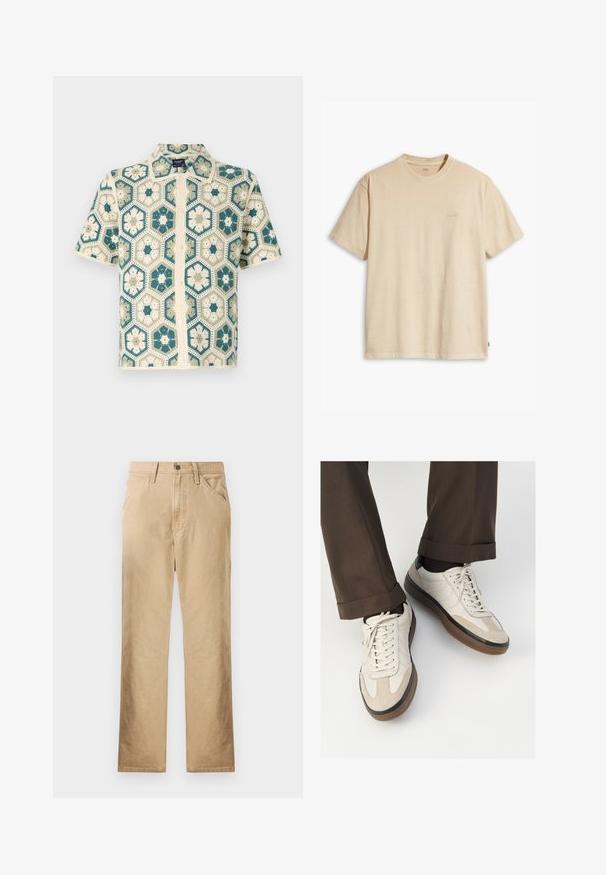 Lyhythihainen nappikauluspaita, jossa on teal- ja kermavärinen kuusikulmainen virkkauskuvio, koristeltuna kukkamotiiveilla ja tekstuurin viimeistelyllä.; Beige puuvillane t-särk ümmarguse kaeluse ja lühikeste varrukatega. Rinnal on samas värvitoonis tähelepandamatu "Levi's" logo. Pehme tekstuur.; Beige puuvillahousut suoralla lahkeella, etutaskut ja nappikiinnitys. Suloinen pinta, vähäiset ompeluyksityiskohdat.; Beige tennarit, joissa on teksturoidut mokkasiinimaiset etuosat, sileät nahkasaumat ja ruskea kumipohja. Narut ja vaaleat ompelutiedot mukana.