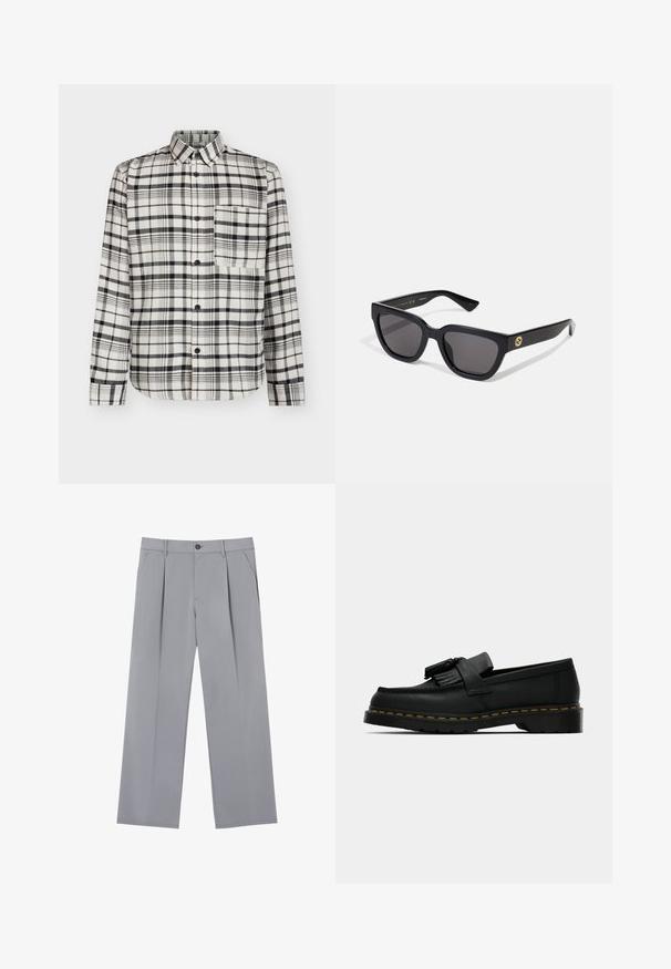 Cămașă cu nasturi în carouri alb-negru; mâneci lungi, un singur buzunar pe piept și un guler clasic, confecționată dintr-un material moale.; Pantaloni gri plisati, cu o croială lejeră, realizați dintr-un material ușor. Au buzunare frontale și un închidere cu nasture la talie.; Mocasini negri din piele cu ciucuri, cusături galbene pe marginea tălpii și o talpă exterioară groasă, zimțată din cauciuc.; Ochelari de soare dreptunghiulari, negri, cu un finisaj lucios, lentile întunecate și detalii aurii pe tâmplă cu logo-ul.