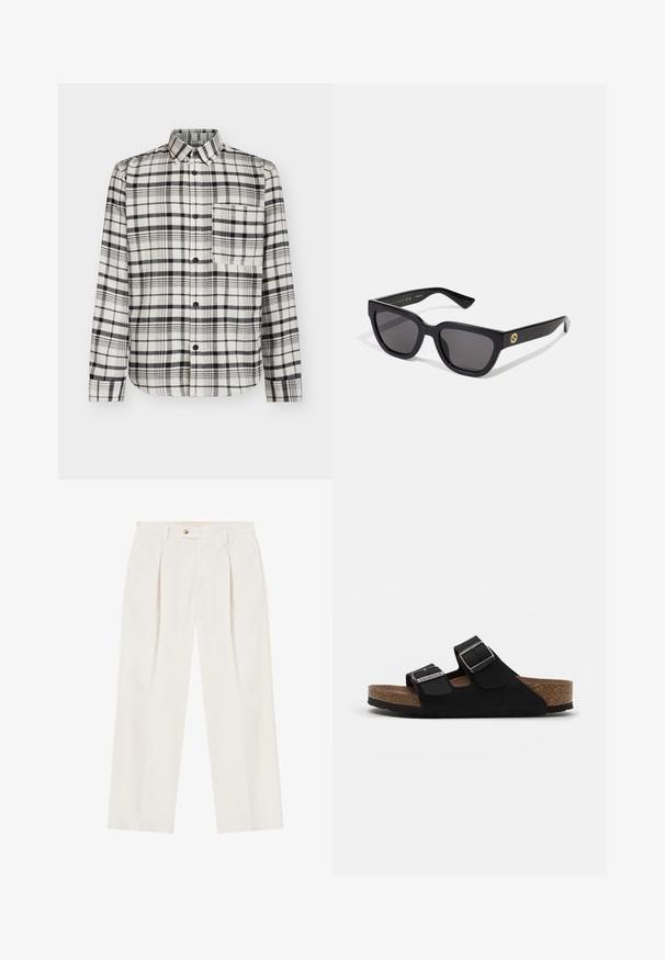 Knappe skjorte i svart og hvitt rutete mønster; lange ermer, en enkelt brystlomme, og klassisk krage, laget av myk stoff.; Hvite, vide bukser med bretter foran, en enkelt knappelukking og sidelommer. Glatt tekstur og skreddersydd design.; Sorte semskede sandaler med to justerbare stropper, sølvspenner og en korkfotbed. Har en teksturert svart såle for grep.; Svarte rektangulære solbriller med en blank finish, mørke linser og gullhardwaredetaljer på stangene med logo.