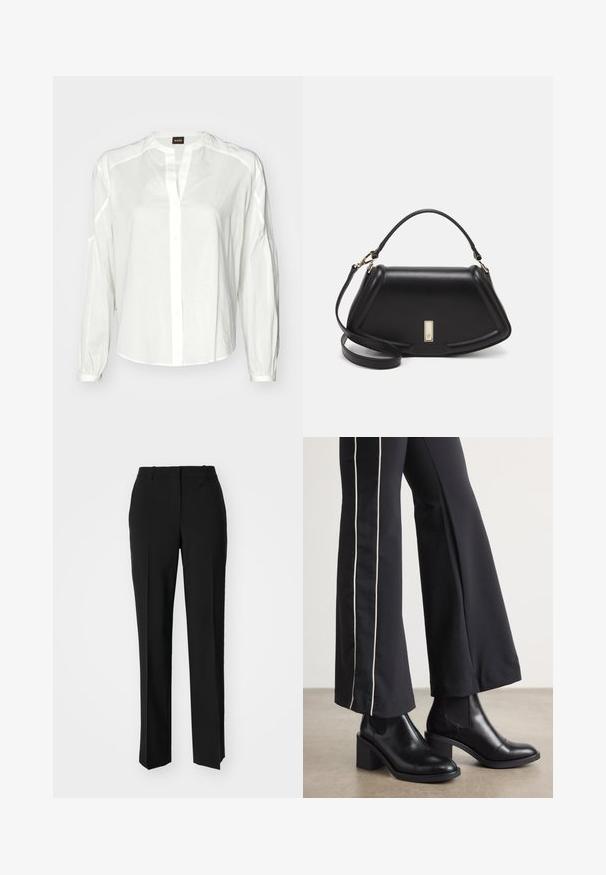 Fehér gombos ing, amely könnyű anyagból készült, gallérral, hosszú ujjú és laza szabású. Diszkrét varrási részlet a vállvarratok mentén.; Fekete, testhezálló nadrág egyenes szárú kivitelben, sima textúrával és éles redőkkel az elején. Nincs látható fémalkatrész.; Fekete bőr bokacsizma, tömbsarkúval, oldalán rugalmasszal ellátott panelek találhatók. Fekete nadrággal párosítva, amelynek fehér oldalsávja van.; Fekete bőr kézitáska, strukturált dizájnnal, rövidített formával, felső fogantyúval és arany színű kiegészítőkkel. Állítható vállpánt is tartozik hozzá.