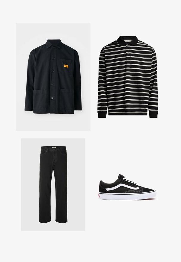Schwarze Baumwoll-Arbeitsjacke mit Knopfverschluss, zwei vorderen Taschen und einem kleinen gelben Etikett auf der Brusttasche. Schlichtes, funktionales Design.; Langarm-Polohemd aus schwarzem Stoff mit weißen horizontalen Streifen, ausgestattet mit einem Kragen und einer Drei-Knopf-Leiste.; Schwarze Denim-Jeans im Straight-Leg-Schnitt verfügen über ein klassisches Fünf-Taschen-Design mit Knopfverschluss, minimaler Naht und einer weichen Textur.; Schwarze Leinensneaker mit weißen Akzenten, runder Zehenpartie, Schnürdesign und Gummisohle. Seitliches Logo und Nähdetails sichtbar.