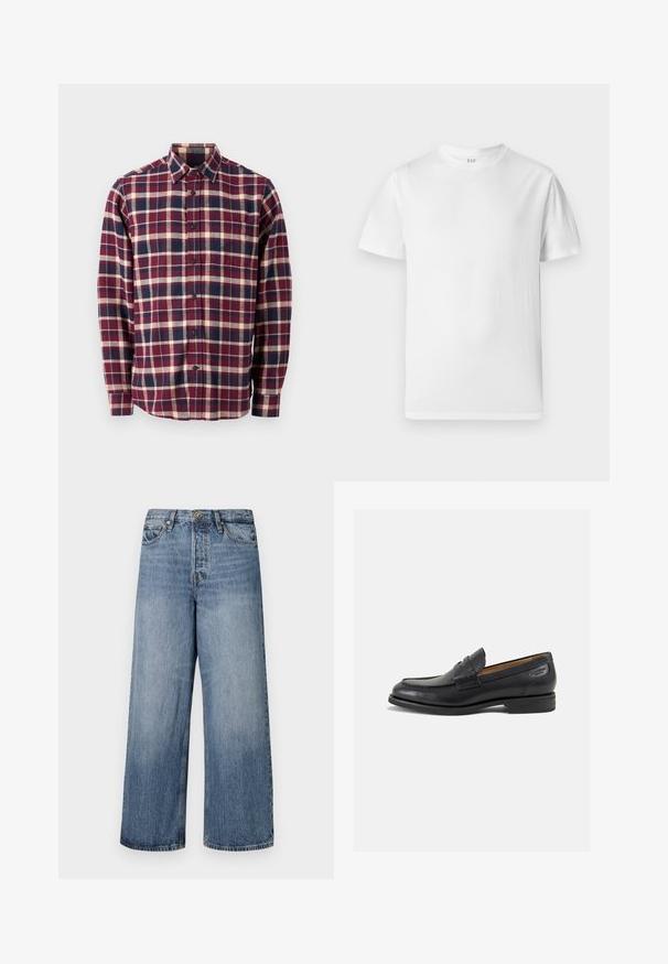 GAP STANDARD - Hemd - purple; Weißes kurzärmliges T-Shirt aus weicher Baumwolle. Verfügt über einen runden Halsausschnitt und einen geraden Saum mit minimalen Details.; Weite blaue Denim-Jeans mit einer ausgewaschenen Optik, Fünf-Taschen-Design und einer Knopfverschluss. Ausgestattet mit Gürtelschlaufen und gestickten Details.; Schwarze Leder Slipper mit glatter Oberfläche, runder Spitze und dekorativer Naht auf dem Vorderblatt. Niedriger Blockabsatz und leichter Glanz.