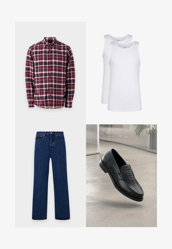 GAP STANDARD - Marškiniai - purple; Balti balti medvilniniai tankiai, be rankovių dizainas, apvalus kaklas, vientisas paviršius, pagaminti iš minkštos, lengvos medžiagos. Pavaizduoti du vienetai.; Tamsiai mėlynos džinsinės kelnės su tiesiu kirpimu, su oranžiniais siūlais, mygtukų užtrauktuku ir dviem priekinėmis kišenėmis su kontrastingais nago laikikliais.; Juodos spalvos odinės šlepetės su lygia tekstūra, smailiu priekiniu skyriumi ir dekoratyviu dirželiu per pėdos viršų. Lengvas padažas, minimalistinis dizainas.