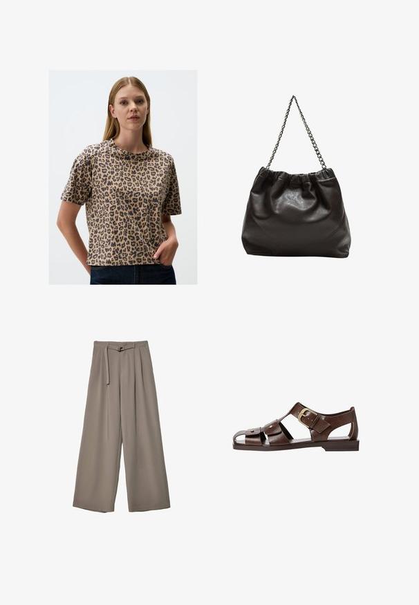 T-Shirt aus Baumwolle mit Leopardenmuster und kurzen Ärmeln, mit Rundhalsausschnitt, lockerer Passform und weicher Textur; in verschiedenen Brauntönen und Schwarz.; Weite Hose aus einem weichen, gedämpften grauen Stoff, mit einem taillierten Bund und Falten für zusätzliche Design-Details. Glatte Textur, keine Muster.; Braune Leder-Sandale mit ausgeschnittenem Design, verstellbarem seitlichem Riemenverschluss und flacher Sohle, mit Metallakzenten und offenem Zehenbereich.; Braune Lederhandtasche mit gerafftem Oberteil und Kettenriemen. Glatte Textur mit glänzendem Finish und subtilen Nahtdetails an den Seiten.