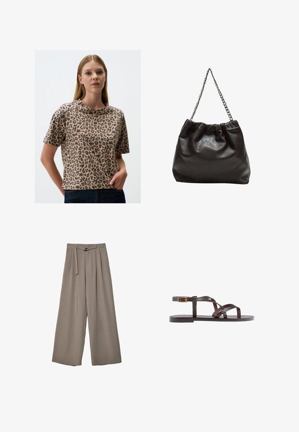 T-Shirt aus Baumwolle mit Leopardenmuster und kurzen Ärmeln, mit Rundhalsausschnitt, lockerer Passform und weicher Textur; in verschiedenen Brauntönen und Schwarz.; Weite Hose aus einem weichen, gedämpften grauen Stoff, mit einem taillierten Bund und Falten für zusätzliche Design-Details. Glatte Textur, keine Muster.; Braune Leder-Sandale mit überkreuzten Riemen, einem Knöchelriemen mit Schnalle und einer flachen Sohle mit minimalen Nähdetails.; Braune Lederhandtasche mit gerafftem Oberteil und Kettenriemen. Glatte Textur mit glänzendem Finish und subtilen Nahtdetails an den Seiten.