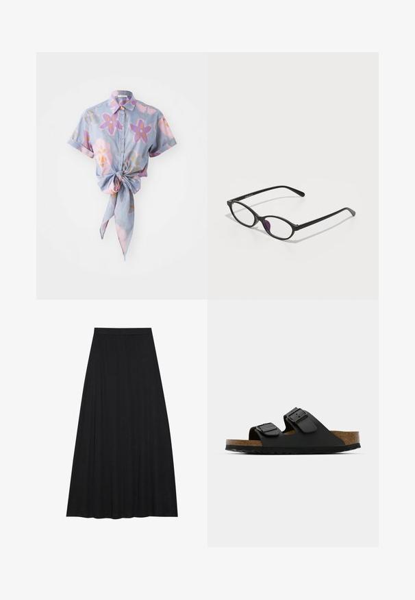 Short-sleeve button-up shirt in light blue with a floral pattern in pink, purple, and orange. Features a front knot tie detail.; Black maxi skirt made of soft, flowing fabric. It features an elastic waist and a full, A-line silhouette with a smooth texture.; Black two-strap sandal with adjustable buckles, cork footbed, and textured rubber outsole. Features a flat, open design for easy wear.; Black plastic eyeglasses with an oval shape, featuring clear lenses and one purple accent on the left lens. Sleek, minimal design.