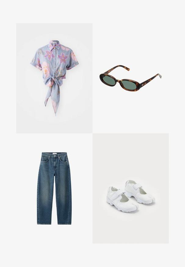 Korte mouwen overhemd in lichtblauw met een bloemenpatroon in roze, paars en oranje. Kenmerkt zich door een knoopdetail aan de voorkant.; Donkerblauwe denim jeans met een rechte pijp, vijf-pocket ontwerp en een klassieke knoopsluiting. Zachte textuur met subtiele vervaging.; Witte sportieve schoenen met een gestructureerde bovenkant, verstelbare klittenbandsluiting, ronde neus en een stevige zool met een opvallend profiel.; schildpadbril met ovale monturen en groene lenzen. Heeft dunne spijlen met een metalen accent nabij de scharnieren.; Geweven gele handtas met een gebogen handvat aan de bovenkant en een ongestructureerde vorm. Het gestructureerde oppervlak heeft een kruissteekpatroon over de hele tas.