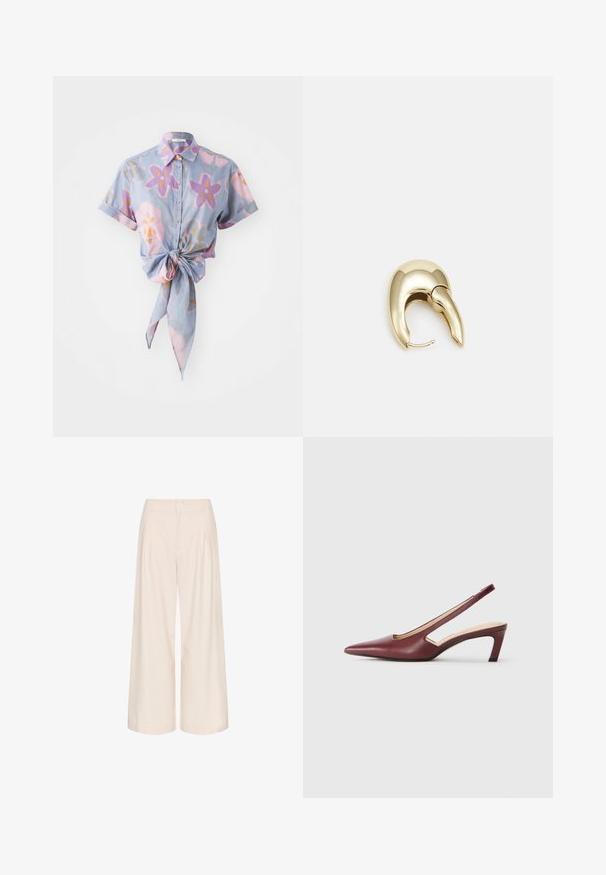 Camicetta a maniche corte con bottoni in azzurro chiaro, con un motivo floreale in rosa, viola e arancione. Presenta un dettaglio di nodo anteriore.; Pantaloni larghi crema con pieghe, realizzati in un tessuto morbido. Presentano un'alta vita e tasche laterali per funzionalità.; Tacchi slingback bordeaux con punta affusolata, dettagli a intaglio sui lati e tacco blocco di altezza intermedia. Finitura in pelle liscia.; Orecchino in metallo color oro con un design elegante e curvo. Presenta una forma appuntita distintiva, superficie lucida e chiusura a cerniera.