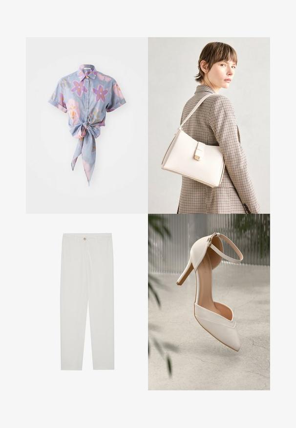 Kurzärmliges Button-Up-Hemd in Hellblau mit einem floralen Muster in Pink, Lila und Orange. Mit einem vorderen Knoten-Detail.; Weisse, maßgeschneiderte Hosen mit geradem Bein, die über einen Knopfverschluss, Gürtelschlaufen und Seitentaschen verfügen; glatte Stoffoberfläche.; Weiße High Heels aus glattem Material mit spitzem Schuhschild und Knöchelriemen. Mit einem hellbraunen Innenleben und goldfarbener Hardware-Akzentuierung.; Weiße Lederhandtasche mit strukturiertem Design, ausgestattet mit einem Magnetverschluss und einem Schulterriemen, präsentiert vor einem neutralen Hintergrund.