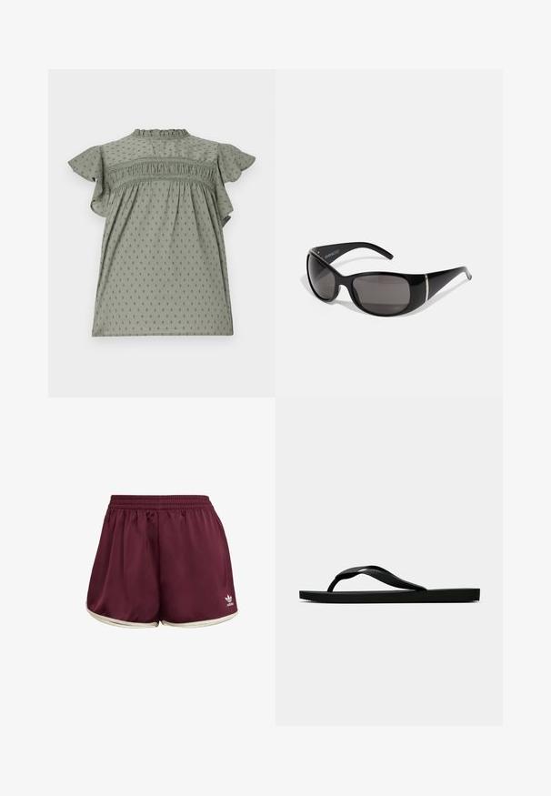 Robe verte avec des manches courtes à volants, en tissu texturé avec un motif à pois, détails froncés au niveau de la poitrine et col montant.; adidas Originals SPRINTER - Short - maroon cream white; Tong sandale en caoutchouc noir avec une bride en T texturée et une semelle plate simple, montrée de côté sur un fond clair.; Lunettes de soleil noires avec des montures en plastique brillant, des verres gris dégradés et des accents en métal argenté sur les côtés. Design élégant et courbé.