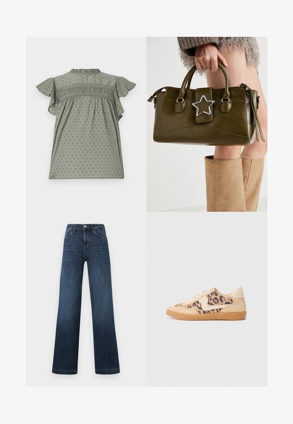 Groene jurk met korte gerimpelde mouwen, textuurstof met een stippenpatroon, geraffineerde details bij de borst en een hoge hals.; Donkerblauwe denim jeans met een wijdbeen ontwerp, voorzien van vijf zakken en een knoopsluiting aan de voorkant. Gladde textuur en klassieke stikdetails.; Luipaardprint sneakers met een beige suède bovenkant, tan rubberen zool en witte accenten. Ronde neus en vetersluiting met een gestructureerde afwerking.; Olijf groen neplederen handtas met zilveren steraccent, dubbele handvatten en een ritssluiting. Gelaagd oppervlak en gestructureerde vorm.