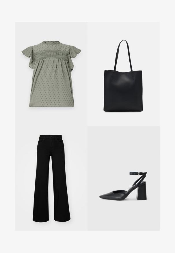 Grön klänning med korta volangärmar, texturerad tyg med prickigt mönster, rynkdetaljer vid bysten och hög krage.; Svarta vida byxor i denim, med en strukturerad midja, bältesöglor och framfickor. Slät textur med en klassisk design.; Svart läderpumps med spetsig tå, ankelrem och kraftig klack. Slät textur, stilren design och minimalistisk estetik.; Svart lädertoffelväska med slät textur, rektangulär form och två långa handtag. Ingen synlig hårdvara eller dekorationer.