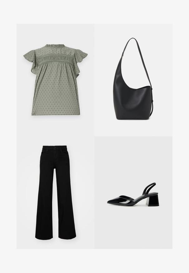 Zielona sukienka z krótkimi falbaniastymi rękawami, fakturowany materiał w kropki, marszczenia na klatce piersiowej oraz wysoka szyja.; Czarne szerokie spodnie dżinsowe z usztywnionym pasem, szlufkami na pasek i kieszeniami z przodu. Gładka faktura o klasycznym fasonie.; Czarne lakierowane półbuty na obcasie z wydłużonym noskiem i geometrycznym słupkiem. Charakteryzują się eleganckim, minimalistycznym designem oraz gładką fakturą.; Czarna skórzana torba hobo o gładkiej fakturze, zaokrąglonym kształcie i pojedynczym, regulowanym pasku; posiada szerokie otwarcie na górze.