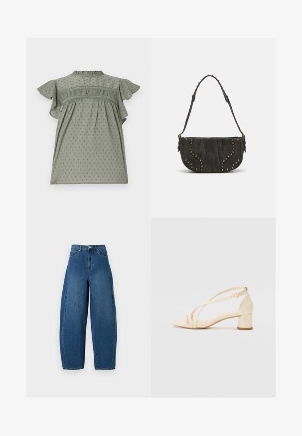 Rochie verde cu mâneci scurte fluturate, material texturat cu un model cu puncte, detalii plisate la piept și guler înalt.; Jeans din denim cu o nuanță medie de albastru, având talie înaltă, tăietură cu picioare largi și un design standard cu cinci buzunare, cu detalii de cusătură vizibile.; Sandale cu toc bej, cu toc pătrat, design cu barete și curea la gleznă ajustabilă, realizate dintr-un material sintetic neted cu finisaj mat.; Geantă din suede negru cu un design curbat, având accente cu nituri și o suprafață texturată. Curea ajustabilă cu detalii cu studs pe margine.