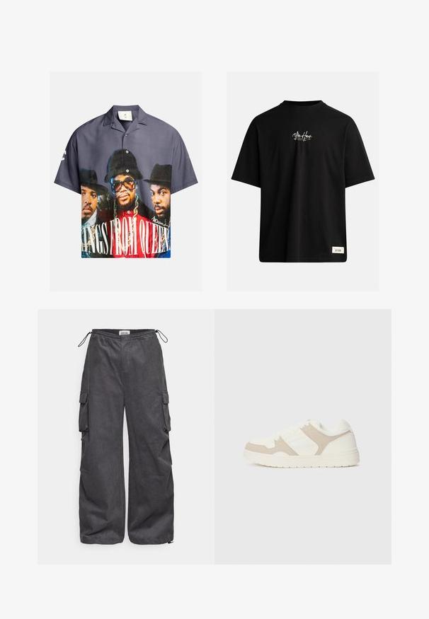 Camisa de botones de manga corta con un estampado gráfico de tres figuras, predominantemente en tonos azules, grises y rojos, con texto en blanco.; Camiseta negra de manga corta hecha de algodón. Presenta un pequeño logo blanco en el pecho y una etiqueta rectangular en la esquina inferior derecha.; Pantalones cargo grises con una tela texturizada, cinturilla elástica, cordón y detalles en los bolsillos laterales. Ajuste holgado con piernas anchas.; Zapatilla blanca y beige que combina texturas lisas y de ante, puntera redonda, cierre de cordones y suela de goma plana.