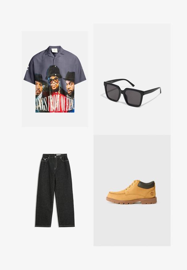 Camicia a maniche corte con bottoni, caratterizzata da una stampa grafica di tre figure, prevalentemente nei toni blu, grigio e rosso, con testo bianco.; Jeans neri a gamba dritta con cuciture bianche, design a cinque tasche, chiusura con bottone e cerniera, e un piccolo logo sulla tasca frontale destra.; Scarpa in pelle gialla con suola in gomma marrone, punta rotonda e dettaglio in pelle verde alla caviglia. Presenta occhielli dorati e dettagli di cucitura.; Occhiali da sole con montatura nera a quadro, lenti scure e materiale in plastica liscia e lucida. Le astine presentano un design semplice e allungato.