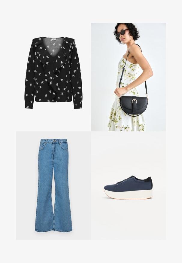 Musthave musta pluus V-kaelusega, millel on valged lehemustrid ja frilliga esiosa. Pikkade varrukatega ja mansettidega. Valmistatud pehmest kangast.; Heledad sinine flared teksade rõivad, millel on kõrge talje, viis taskut ja üks nupulukk. Pehme tekstuur ja pleekinud viimistlus.; Tumedat sinised tennised tekstureeritud riidest pealispinnaga, valge platvormi tallaga, ümarate varvaste ja musta kontsapaneeliga. Omab kuut silma paelte jaoks.; Mustmust mustraha kõverate joontega, eemaldatava rihmaga ja kuldsete detailidega. Kotil on klapp, millel on pandladetail.