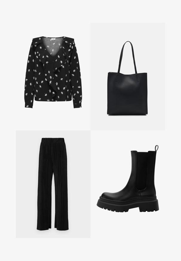 Fekete blúz V-nyakkal, fehér levélmintákkal és fodros elülső résszel. Hosszú ujjú, mandzsettával. Puha anyagból készült.; Fekete pliszírozott nadrág gumis derekkal. Széles lábakkal rendelkezik, sima, texturált anyagból készült, függőleges csíkokkal.; Fekete bőr Chelsea csizma elasztikus oldalsó panelekkel, vastag gumi talppal és lekerekített orral. Strukturált és sima felület.; Fekete bőrtáska sima felszínnel, téglalap alakú, két hosszú füllel. Nincs látható fémkiegészítő vagy díszítés.