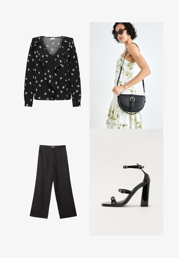 Sort bluse med V-hals, prydet med hvide bladmønstre og et rynket foran. Lange ærmer og manchetter. Lavet af blødt stof.; Sorte bukser med vidde, lavet af glat stof, med en frontlynlås og to sidelommer, i en skræddersyet pasform og minimalistisk design.; Sorte patenterede hælsandaler med firkantet tå, ankelremme og sølvspænder. Har en chunky blokHæl for stabilitet.; Sort læderhåndtaske med en buet form, aftagelig rem og guldfinish. Tasken har en klap med en spænde detalje.