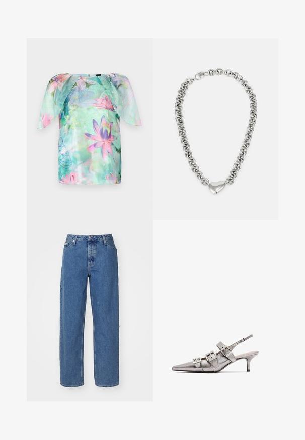 Short-sleeve blouse in light, sheer fabric featuring a watercolor floral design with pink and blue hues, rounded neckline, and loose fit.; Light pink cotton t-shirt with a crew neck, featuring a silver embroidered "Calvin Klein" logo and subtle "CK" design on the chest.; Light blue denim jeans with a high waist, straight leg design, five-pocket styling, and slightly faded texture. Rivet and button closure.; Metallic silver slingback heel with pointed toe, featuring three wide straps and square metallic buckles. Glossy texture and slim heel.; Silver chain necklace featuring interconnected round links and a polished heart-shaped accent in the center. Secure clasp included.