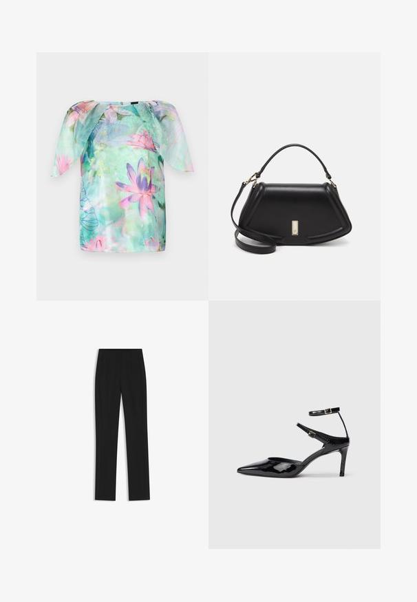 Blusa a maniche corte in tessuto leggero e trasparente con un design floreale ad acquerello nei toni del rosa e del blu, colletto rotondo e vestibilità ampia.; Pantaloni neri su misura con un design a gamba dritta, dotati di tasche frontali e un tessuto liscio e strutturato. Dettagli ordinati e minimalisti.; Décolleté in pelle eco-patent nera con punta affilata, cinturini alla caviglia regolabili e tacco sottile. Texture liscia con una finitura lucida.; Borsa a mano in pelle nera con un design strutturato, caratterizzata da una forma corta, manico superiore e accessori in metallo dorato. Inclusa tracolla regolabile.