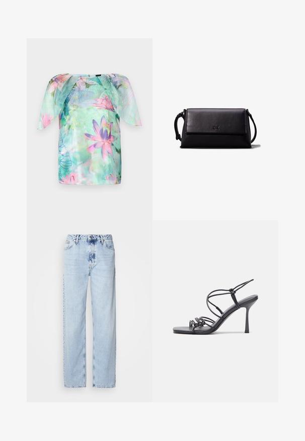 Kortærmet bluse i let, gennemsigtigt stof med et akvarel-blomstermotiv i pink og blå nuancer, rund udskæring og løs pasform.; Lyseblå brede jeans lavet af denim, med høj talje, falmet vask og subtil tie-dye mønster langs fronten.; Sorte højhælede sandaler med tynde stropper og en knyttet design, en glat firkantet tå og en slank stiletto hæl.; Sort læder clutch taske med rektangulær form, glat tekstur, flad klaplukning og et lille håndtag på siden. Har et subtilt logo.