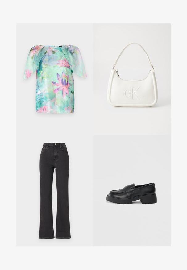 Hedvábná blůza s krátkým rukávem z lehkého, průsvitného materiálu s akvarelovým květinovým vzorem v růžových a modrých odstínech, kulatým výstřihem a volným střihem.; Černé vysoké rozšířené džíny z denimu, se zapínáním na knoflík, poutky na opasek a bočními kapsami. Hladká textura s minimálním vyblednutím.; Černé kožené mokasíny s texturovaným povrchem, které mají obdélníkový pásek přes nárt a robustní podrážku s drážkováním.; Bílá kožená kabelka s křivkovým tvarem, na přední straně s vyraženým logem "CK" a jediným ramenním popruhem. Zipový uzávěr na vrchu.