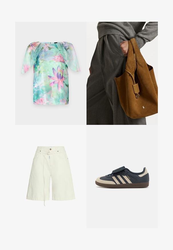 Bluză cu mânecă scurtă dintr-un material ușor și transparent, cu un design floral în acuarelă, în tonuri de roz și albastru, cu decolteu rotund și croială lejeră.; Șorturi din denim bej deschis cu o croială relaxată, bucle pentru curea, buzunare frontale și un șnur la talie. Textură netedă.; Adidași din piele bleumarin cu accente crem, trei benzi pe lateral, vârf rotunjit și talpă din cauciuc texturat de culoare maro. Clapetă cu velcro în partea superioară.; Geantă tote din suede maro cu formă rotunjită, mânere duale și un accent de metal. Prezintă un logo mic în față.