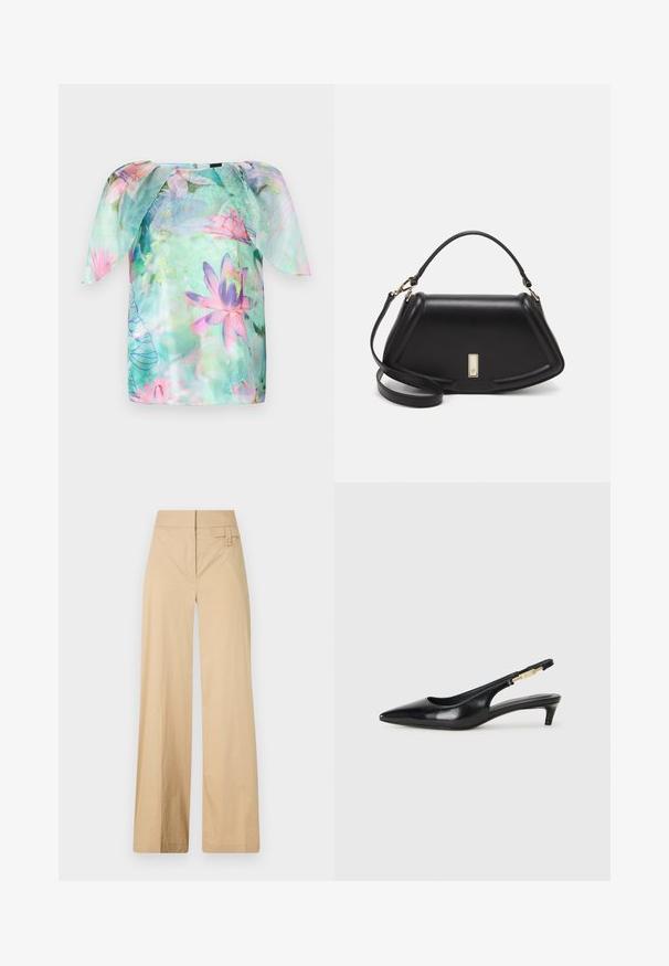 Bluzka z krótkim rękawem z lekkiego, przezroczystego materiału z akwarelowym wzorem kwiatowym w odcieniach różu i niebieskiego, okrągły dekolt i luźny krój.; Beżowe spodnie typu wide-leg wykonane z mieszanki bawełny. Charakteryzują się gładką teksturą, elastycznym pasem i detalem z guzikiem z boku.; Czarne skórzane szpilki typu slingback z ostrym noskiem, posiadające smukły obcas i złoty akcent na regulowanym pasku. Gładka tekstura.; Czarna skórzana torebka o strukturalnym designie, z przyciętą formą, górnym uchwytem i złotymi akcentami. W zestawie regulowany pasek na ramię.