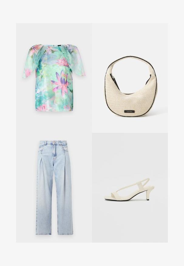 Korte mouw blouse van lichte, doorzichtige stof met een aquarel bloemenpatroon in roze en blauwe tinten, ronde halslijn en een losse pasvorm.; Lichtblauwe denim jeans met een hoge taille, wijde pijpen, twee zijzakken en geplooid ontwerp. Zachte textuur met een vervaagd uiterlijk.; Beige blockhak sandalen met dunne bandjes en een vierkante neus. Glad materiaal met minimale details, ontworpen voor eenvoudig dragen.; Beige geweven schoudertas met een gebogen vorm en zwarte accenten. Voorzien van een ritsafsluiting aan de bovenkant en een logopatch aan de voorkant.