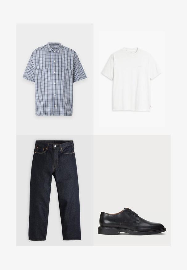 Košile s krátkým rukávem na knoflíky s modrým, bílým a černým károvaným vzorem a dvěma klopovými kapsami na hrudi na bílém pozadí.; Bílá bavlněná tričko s krátkými rukávy, klasickým výstřihem a decentním logem Levi's vytištěným uprostřed. Měkká textura a standardní střih.; Tmavomodré džíny z denimu se straight střihem, pěti kapsami, kontrastním oranžovým šitím a knoflíkovým zapínáním. Žádné viditelné vzory ani ozdoby.; Černé kožené společenské boty s kulatou špičkou, šněrováním a nízkým podpatkem. Hladký povrch s minimálním šitím.