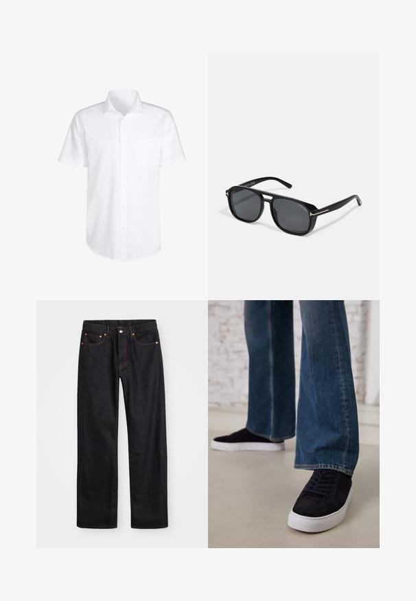 Balināma baltā kokvilnas krekls ar īsām piedurknēm, ar krūšu kabatu un izliekto apakšmalu, kas nodrošina ikdienišķu piegriezumu.; Vīriešu taisno kāju melnie džinsi ar piecām kabatām un oranžu izšuvumu, ar pogu un zipa aizdari priekšējā jostas daļā.; Tumši zilas zamšādas sporta kurpes ar baltu gumijas zoli un šņorēm, apvienotas ar platām kājām džinsu biksēm vidēji zila nomazgātā tonī.; Melni kvadrāta saules brilles ar pelēkiem lēcām, kuru temples rotā eleganti zelta akcenti, un matēta apdare rāmis sniedz mūsdienīgu izskatu.; Tumši zils šalle ar pelēku grafiku, kurā attēlots polo spēlētājs uz zirga, ar frizētām malām.