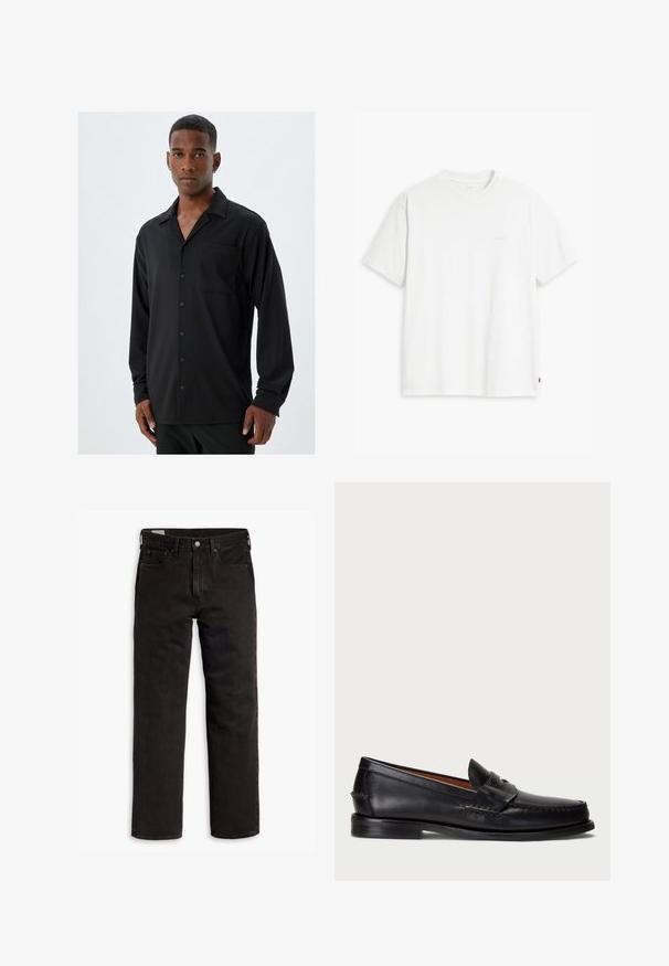 Camisa negra de manga larga con cuello de muesca, bolsillo frontal y cierre de botones; tela suave con una textura sutil.; Camiseta de algodón blanca con mangas cortas, cuello redondo y sutil logo de Levi's impreso en el centro. Textura suave y ajuste estándar.; Vaqueros de mezclilla negros de pierna recta con cinco bolsillos, cierre de botón y trabillas para cinturón, dispuestos sobre un fondo blanco.; Mocasin de cuero negro con punta redondeada, detalles de costura y una correa decorativa en la parte frontal. Suela plana con un perfil minimalista.