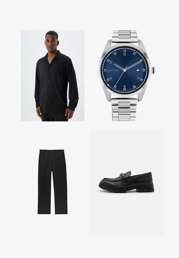 Sort langærmet skjorte med slåkrave, frontlomme og knaplukning; glat stof med en subtil tekstur.; Sorte bukser med lige ben, lavet af et glat stof. Har frontfolder og en enkelt knaplukning i taljen.; Sort læderloafer med rund tå, en dekorativ rem og hardware, samt en chunky tekstureret sål. Glat finish med subtile detaljer.; Sølvmetal ur med en børstet blå urskive, hvide timemarkører og en datovisning. Har et sammenkædet metalarmbånd og brandlogo.