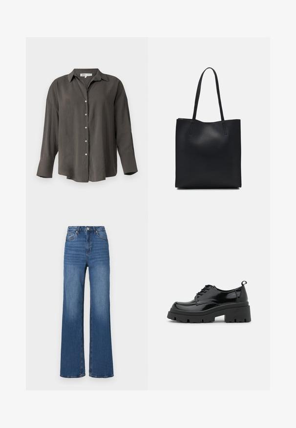 Mørkegrå langermet skjorte med knapper og krage, med avslappet passform, frontknapper og en jevn, lett stofftekstur.; Høyt liv, vide ben blå jeans laget av denim, med en klassisk fem-lomme design og subtile falminger langs bena.; Sorte lakk lær sko med en kraftig plattformsåle og tykke snører. Avrundet tå, minimal detaljering, og en liten hæltab bak.; Svart lær tote bag med glatt tekstur, rektangulær form og to lange håndtak. Ingen synlige deler eller dekorasjoner.