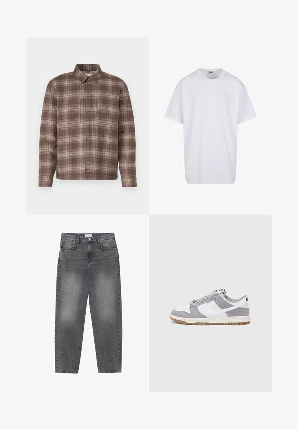 Barna kockás ing, mely hegyes gallérral, két mellzsebbe és gombos záródással rendelkezik, puha textúrájú anyagból készült.; Fehér pamut póló rövid ujjal, kerek nyakú, laza szabású, és nincsenek látható logók vagy minták. Simább textúra és minimalista dizájn.; Magasan szabott, bővebb szabású farmernadrág fakó fekete denim anyagban. Öt zsebbel, övhurkokkal és tiszta, egyenes lábszár dizájnnal rendelkezik.; A Nike tornacipők szürke velúr és fehér bőr felsőrésszel rendelkeznek, perforációkkal, kerek fűzőkkel és gumitalppal a tapadás érdekében.