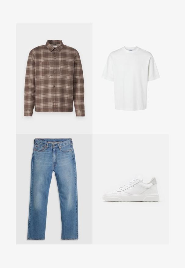 Hnedá kockovaná košeľa s špicatým golierom, dvoma náprsníkovými vreckami a gombíkovým zapínaním, vyrobená z mäkkej textúrovanej látky.; Biele bavlnené tričko s krátkymi rukávmi, okrúhlym výstrihom a voľným strihom. Hladká textura bez viditeľných vzorov alebo akcentov.; Modré džíny s rovnými nohavicami so zavretím na prednej strane pomocou gombíka a zipsu, pútka na opasok a dizajn s piatimi vreckami na bielom pozadí.; Biele kožené tenisky s hladkým povrchom, zaoblenou špičkou, plochými šnúrkami a textúrovanou podrážkou. Sivý semišový akcent na päte.