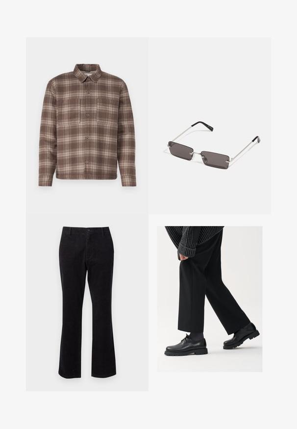 Barna kockás ing, mely hegyes gallérral, két mellzsebbe és gombos záródással rendelkezik, puha textúrájú anyagból készült.; Fekete kordbársony nadrág, szélesített alsó résszel, elülső gombos záródással és szabványos zsebekkel a hasznosság érdekében. Simított felület, függőleges bordázattal.; Fekete bőr cipők kerek orral, fűzős kialakítással és vastag, texturált talppal. Öltönyös fekete nadrággal és bordázott pulóverrel viselve.; Napszemüveg téglalap alakú, sötétszürke lencsékkel, ezüstszínű fémkerettel és fekete műanyag végű szárakkal. Könnyű kivitel, orrpárnákkal.