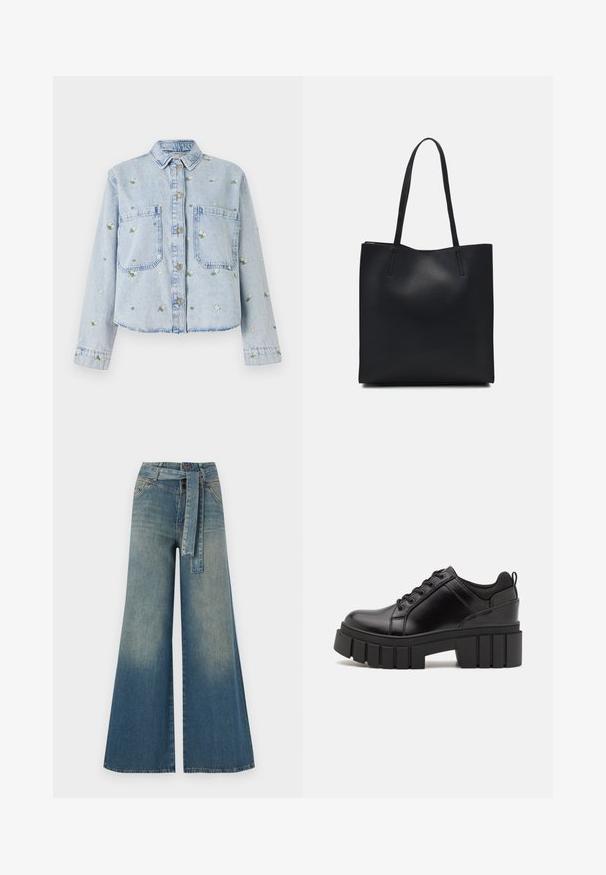 Jachetă din denim bleu deschis, cu broderie florală, are două buzunare frontale, închidere cu nasturi și guler. Croi casual cu tiv cusut.; Pantaloni din denim largi, cu un gradient de la albastru deschis la albastru închis, talie înaltă, bucle pentru curea și o curea din același material. Finisaj texturat din denim.; Pantofi cu talpă plată din piele neagră, cu toc gros, vârf rotund și design tradițional cu șireturi. Prezintă o textură netedă și detalii minime.; Geantă tote neagră din piele, cu textură netedă, formă rectangulară și două mânere lungi. Fără hardware vizibil sau ornamente.