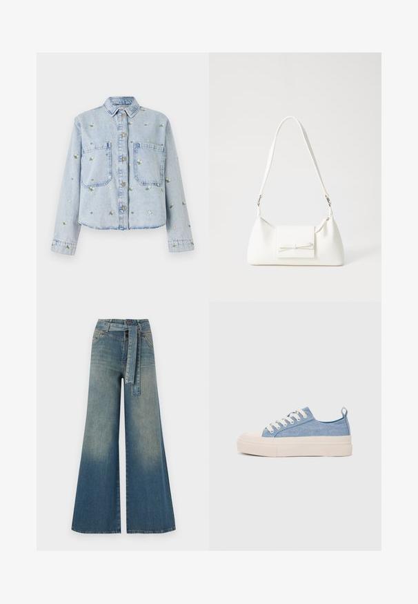 Svetlomodrá denimová bunda s kvetinovou výšivkou, má dve predné vrecká, zapínanie na gombíky a golier. Voľný strih so šitým lemom.; Džínsy s širokými nohavicami, ktoré majú prechod od svetlomodrej po tmavomodrú, vysoký pás, pútka na opasok a opasok z rovnakého materiálu. Textúrovaný denimový povrch.; Svetlomodré plátené tenisky s krémovou gumovou špičkou a podrážkou, obsahujúce biele šnúrky a pútko na päte.; Biela syntetická kabelka s trojuholníkovým tvarom, plochým predným klapkou a detailom mašle, nastaviteľným popruhom, hladkou textúrou a minimalistickým dizajnom.