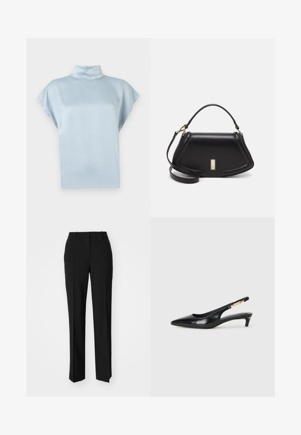 DRYKORN ALARIA - Blouse - blue; Black tailored trousers with a straight-leg design, featuring a smooth texture and crisp creases along the front. No visible hardware.; Black leather slingback heels with a pointed toe, featuring a slim heel and a gold-tone accent on the adjustable strap. Smooth texture.; Black leather handbag with a structured design, featuring a cropped shape, top handle, and gold hardware accent. Adjustable shoulder strap included.