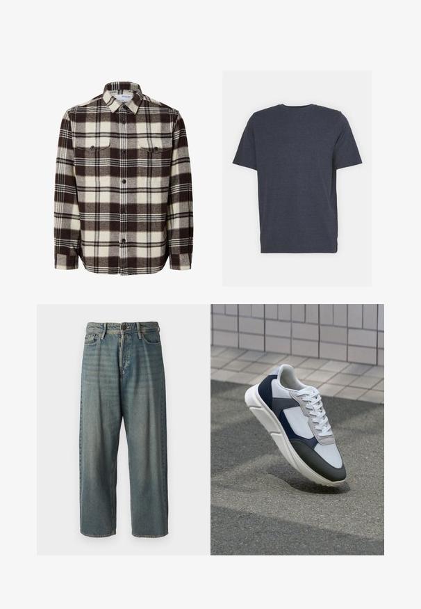Férfi flanel ing barna és krém kockás mintával, gombos elülső résszel, két mellzsebbel és klasszikus gallérral. Puha tapintású.; Sötétkék, kerek nyakú póló, puha pamut keverék anyagból készült, rövid ujjú és normál szabású. Nincsenek látható minták vagy díszítések.; Világoskék farmernadrág, laza fazonnal, közepes derékbőséggel és egyenes szárral. Öt zsebet, övbucskát és gombos záródást tartalmaz.; Fehér, tengerészkék és szürke sneaker vegyes anyagokból készült dizájnnal, amely textúrázott felsőrésszel, lapos fűzőkkel és párnázott talppal rendelkezik.