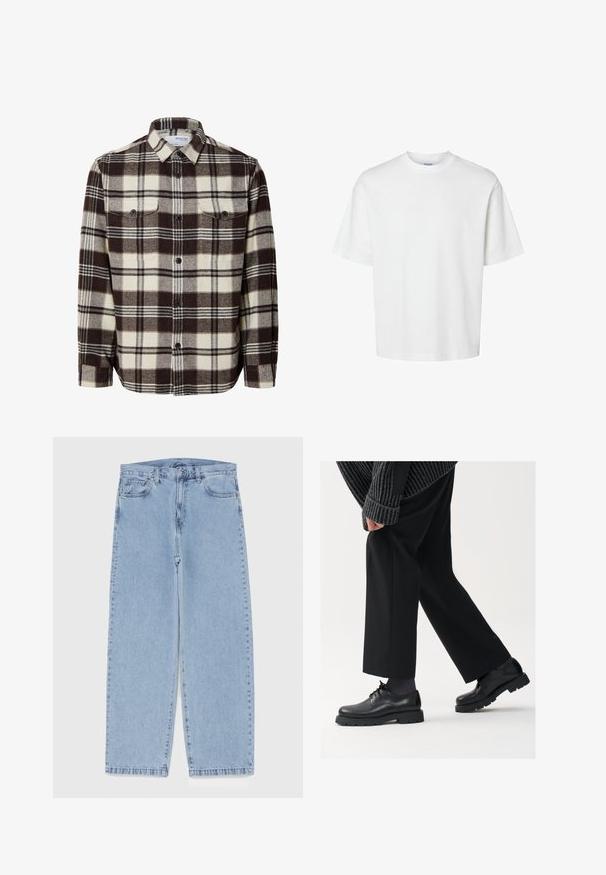 Moška flanelasta srajca z rjavim in smetanastim karo vzorcem, z gumbčastimi odprtimi, dvema žepoma na prsih in klasičnim ovratnikom. Mehak na dotik.; Bela bombažna majica s kratkimi rokavi, okroglo izrezana in udobnega kroja. Gladka tekstura brez vidnih vzorcev ali dekoracij.; Svijetloplave traperice s ravnim nogavicama, srednjeg struka, pet džepova te zatvaranjem na gumb i munju.; Črne usnjene čEvlje s zaobljenim nosom, zavezovanjem in debelim, teksturiranim podplatom. Obute z urejenimi črnimi hlačami in rebrastim puloverjem.