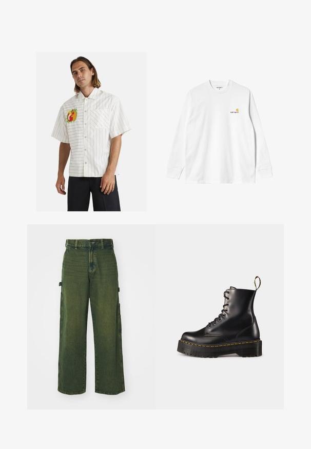 Camisa blanca de manga corta con rayas verticales negras, que presenta un bordado colorido de frutas en el lado izquierdo del pecho y un único bolsillo frontal.; Camiseta blanca de algodón de manga larga con cuello redondo, que presenta un pequeño logo amarillo y burdeos en el lado izquierdo del pecho. Puños y dobladillo sin costuras.; Pantalones cargo de mezclilla verde con piernas anchas, que cuentan con bolsillos laterales, textura desgastada y cierre clásico de botón y cremallera.; Botas de tobillo negras de cuero con cordones, con una suela negra gruesa y costuras amarillas. Presentan una lengüeta en la parte trasera y ojales metálicos circulares.