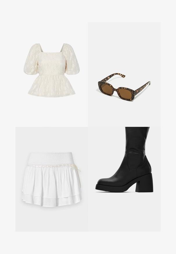 Top blanco de mangas abullonadas con escote cuadrado, que presenta un patrón floral texturizado y un dobladillo de peplum fruncido.; Falda blanca de capas con cintura elástica, que presenta un detalle de fruncido texturizado y un acento de cinta decorativa. Tejido de algodón.; Bota de cuero negra a media pantorrilla con tacón grueso y punta redonda, mostrando perfil lateral sobre fondo blanco.; Gafas de sol de carey con un marco redondeado y robusto y lentes marrones. Presentan patrones sutiles y brazos rectos y cónicos.
