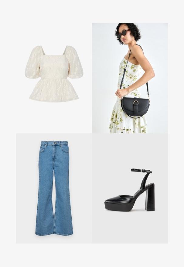 Valge puff-sleeve topp ruudu kaelusega, tekstuurse lillemustriga ja volanghelvaga.; Heledad sinine flared teksade rõivad, millel on kõrge talje, viis taskut ja üks nupulukk. Pehme tekstuur ja pleekinud viimistlus.; Mustad platvormi kontsad terava ninaga ja reguleeritava pahkluuraamiga. Valmistatud siledast nahast, funktsioneerib massiivse plokknäheeliga.; Mustmust mustraha kõverate joontega, eemaldatava rihmaga ja kuldsete detailidega. Kotil on klapp, millel on pandladetail.