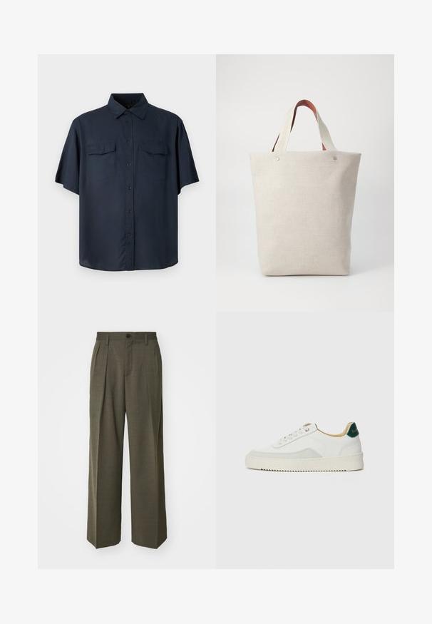 Koszula na krótki rękaw zapinana na guziki w ciemnoniebieskim kolorze, z dwiema kieszeniami na piersi, klasycznym kołnierzykiem oraz luźnym krojem z prostym dołem.; Jasnobeżowa koszulka wykonana z bawełny, z dużym wyszywanym logo orła w szarym i czarnym kolorze na piersi. Krótkie rękawy, luźny krój.; Filippa K - Spodnie materiałowe; Białe trampki z zamszowymi akcentami, zaokrąglony czubek, płaskie sznurowadła i kremowa gumowa podeszwa. Posiadają zielone logo na pięcie.; Torba na ramię w jasnym beżowym materiału o fakturowym wykończeniu, z dwoma kontrastowymi brązowymi skórzanymi uchwytami i metalowymi akcentami u góry.