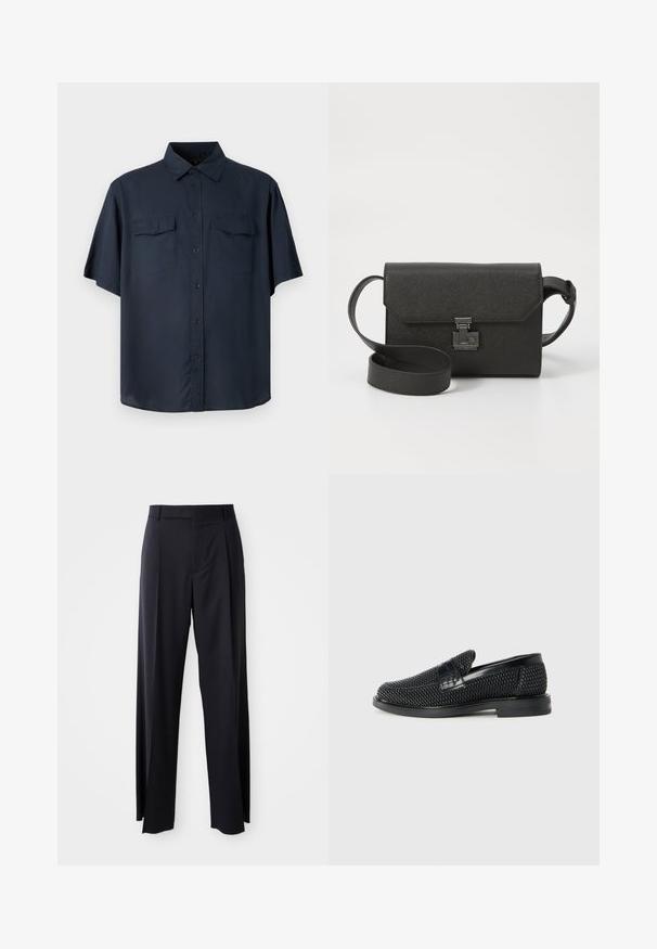 Tamsiai mėlynas trumpomis rankovėmis marškiniai su sagomis, turintis dvi krūtinės kišenes, standartinį apykaklę ir laisvą siluetą su tiesia apačia.; Juodi, aukštai užtraukiami kelnių modeliai su plačiomis kojomis, pagaminti iš lygaus audinio. Yra priekiniai raukšlės ir diržo kilpos. Minimalistinio dizaino, be matomų detalių.; Juodas pintas slip-on tipo batelis su lygiu odiniu akcentu viršuje, apvalios nosies dizainas ir žemas guminis padas.; Juodas odinis kryžminis krepšys su tekstūruotu paviršiumi, užsegimas ant atverčiamos dangtelio, metalinėmis detalėmis ir priderintu reguliuojamu dirželiu.