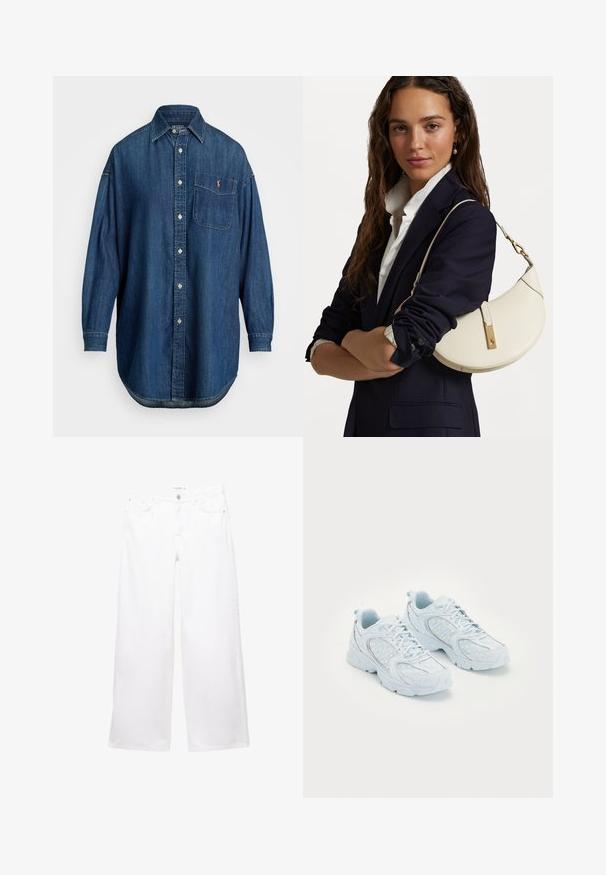Modrá džínová košeľa na gombíky s dlhými rukávmi, prednou vreckom a kontrastným logom. Má klasický golier a zaoblený lem.; Biele denimové nohavice so širokými nohavicami, vyrobené z hladkej tkaniny. Majú uzáver na gombík a zips s dvoma prednými a dvoma zadnými vreckami.; Svetlo modré športové topánky s sieťovinovým a syntetickým zvrškom, s bielymi bodkami a reflexnými prvkami, so šnurovaním a polstrovanou podrážkou.; Biely kožený kabelka s zakriveným tvarom, zlatou kovovou výbavou a textúrovaným povrchom, nosená cez tmavý blejzer a bielu košeľu.