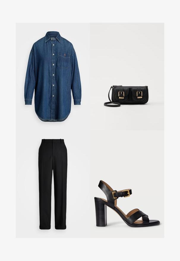 Zils džinsa krekls ar pogām, garām piedurknēm, priekšējo kabatu un kontrastējošu logotipu. Iezīmē klasisku apkaklīti un noapaļotu apakšmalu.; Polo Ralph Lauren HIGH RISE RELAXED STRAIGHT TROUSER - Auduma bikses - black; Melnas ādas papēžu sandales ar pārklājošu siksnu dizainu un sprādzi. Iezīmējas ar masīvu papēdi un gludu tekstūru.; Melnas ādas crossbody soma ar divām priekšējām kabatām, zelta sprādzēm, ar rāvējslēdzēju aizdari un šauru siksnu. Strukturēta virsma un kompakta taisnstūra forma.